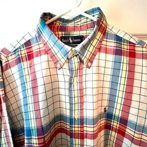 Ralph Lauren Button Down Dress Shirt XXL White Blue Yellow Red 100% Cotton 2X RL